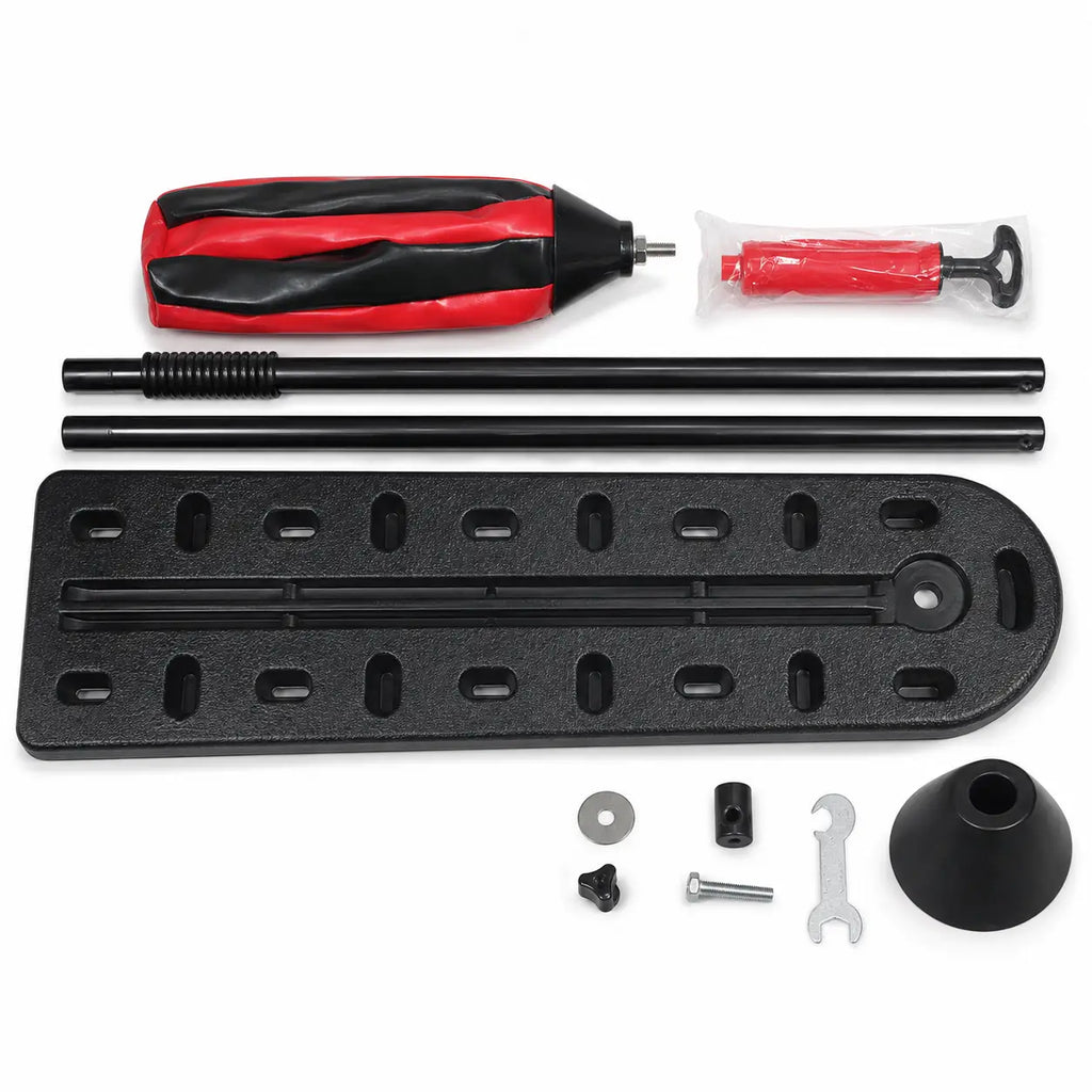 Kids punching ball set components including two poles, base, hand pump and assembly hardware