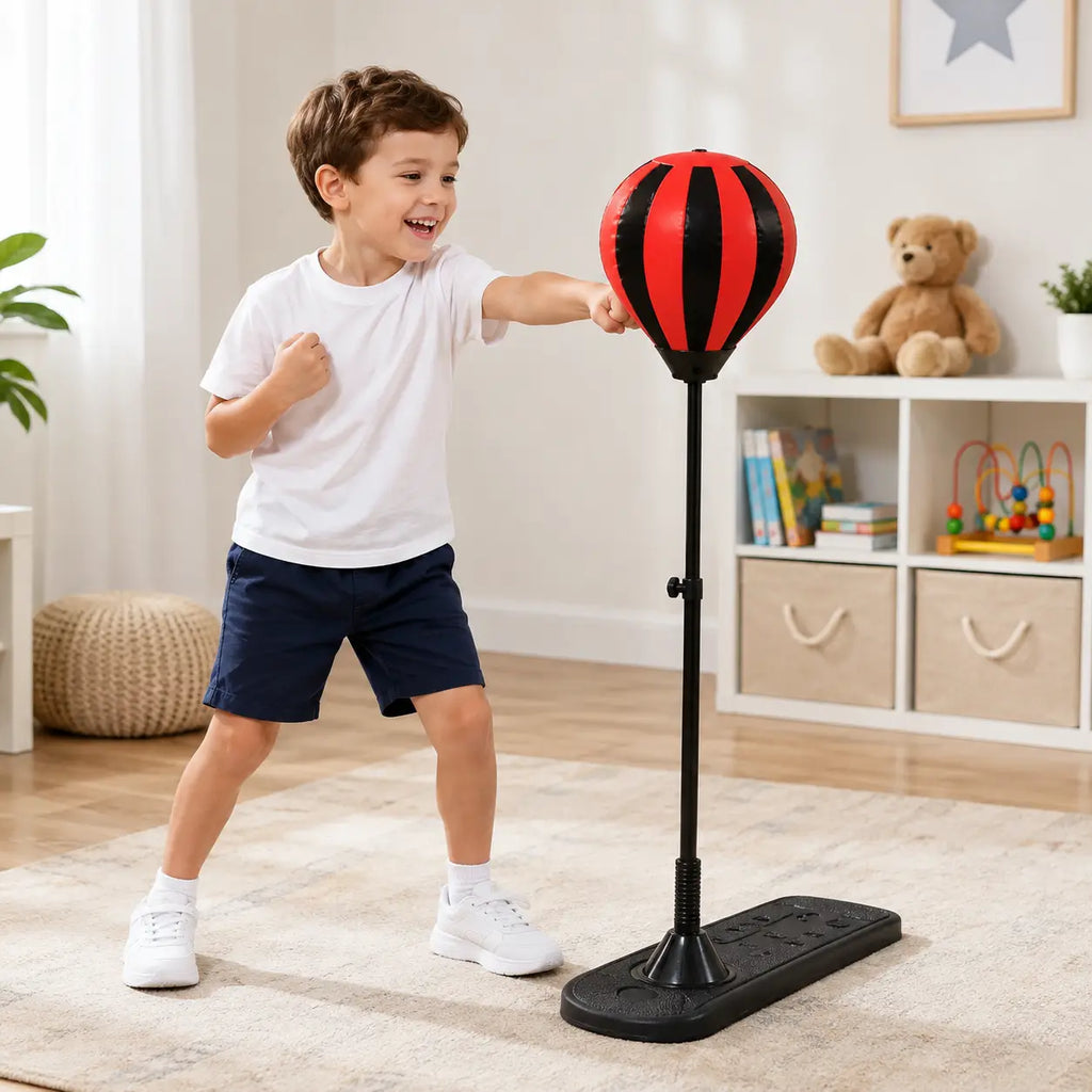 Child playing with red and black kids boxing punching ball stand