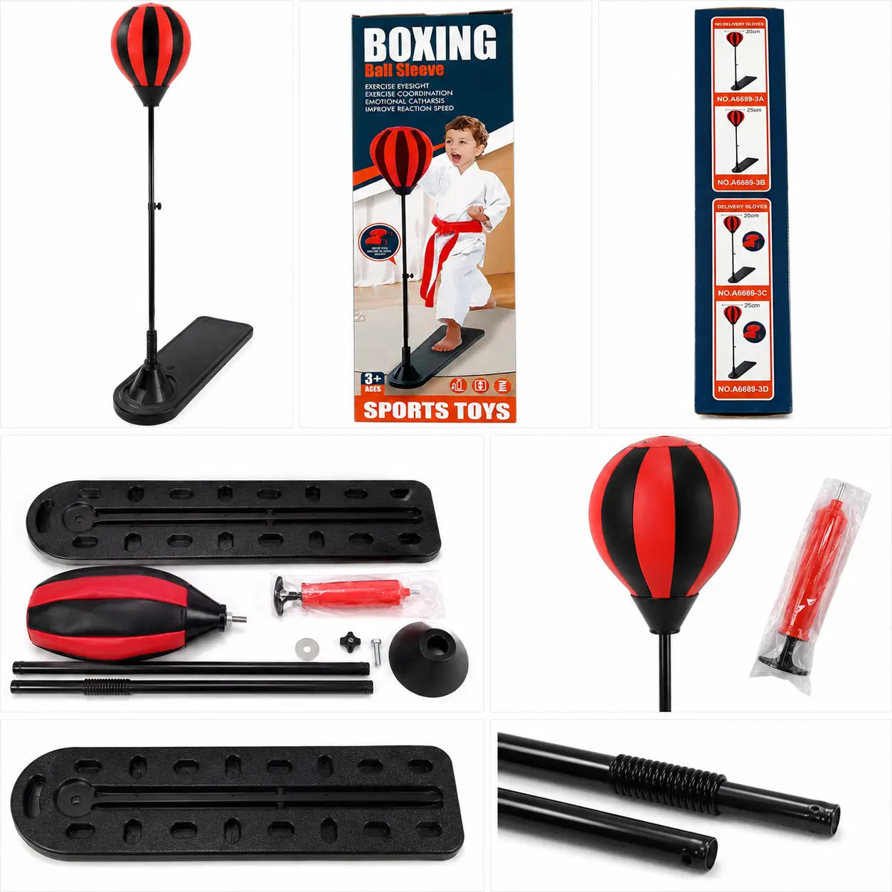 Complete kids boxing punching ball set with stand, base, pump, packaging and accessories