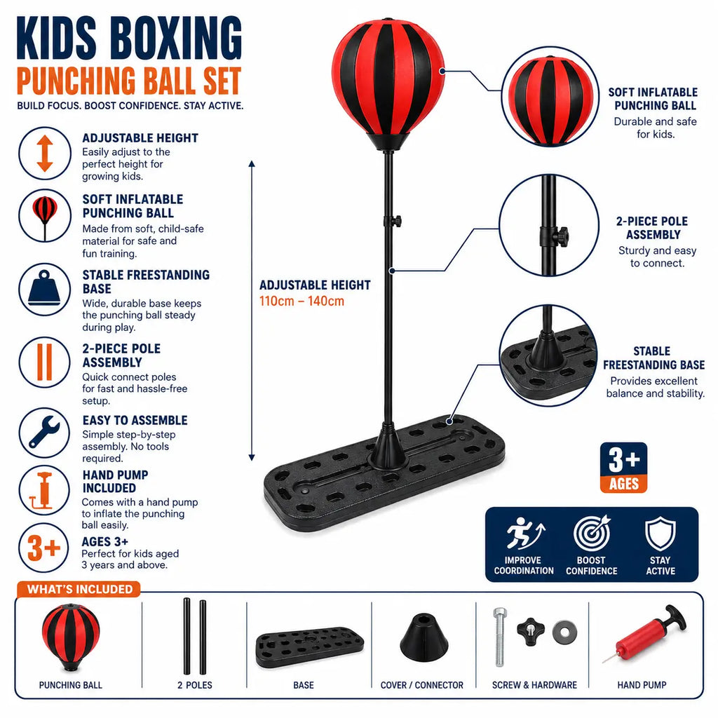 Kids boxing punching ball set features with adjustable stand, inflatable ball, base and hand pump