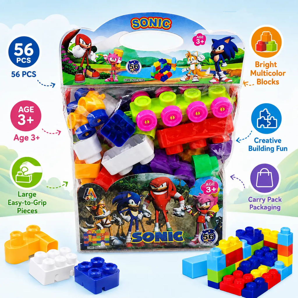 Sonic-themed 56-piece building block toy set in a clear carry pack with colorful oversized plastic bricks. The package features Sonic and other characters, and the image includes several loose blocks in front on a light blue background with feature callouts.