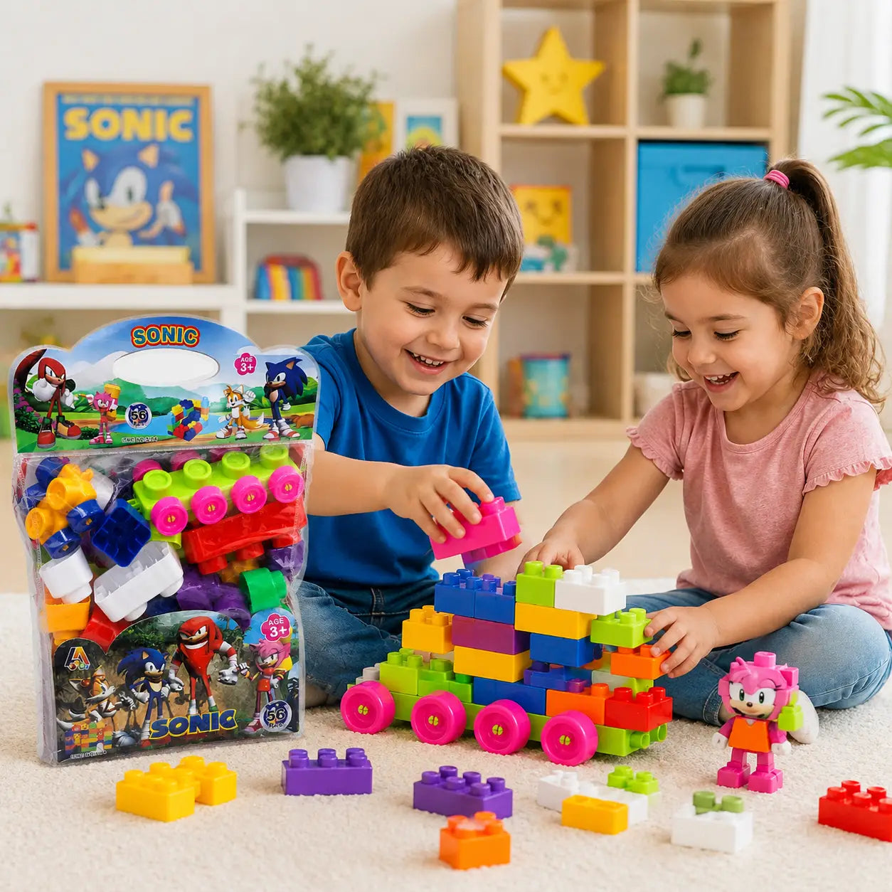 A boy and a girl sit on a carpeted floor playing with colorful building blocks in a children's room. A package of Sonic-themed building blocks is visible on the left, and the children are constructing a small vehicle with pink wheels and a pink character figure.