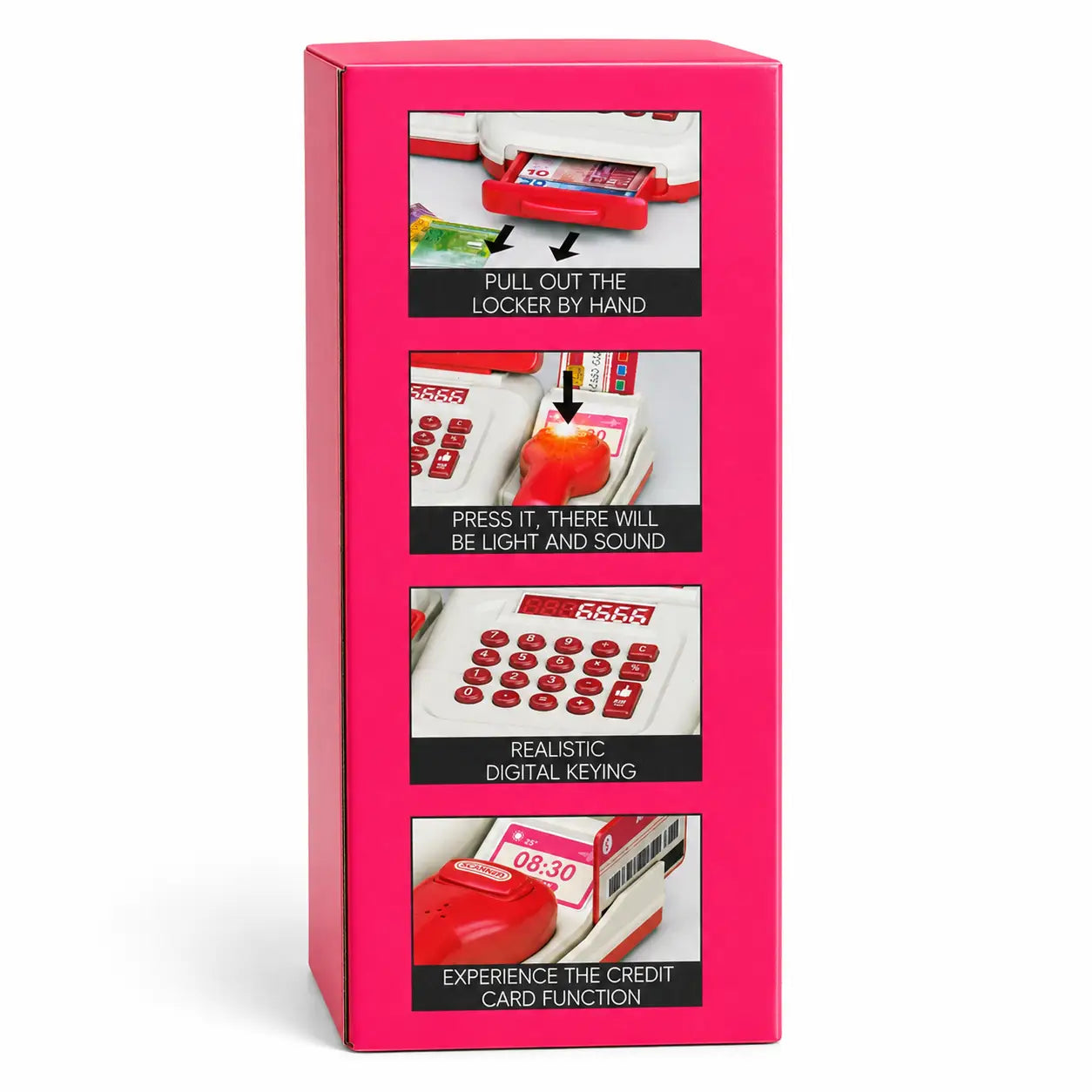 Side angle of kids cash register toy box showing cash drawer, light and sound scanner, keypad and credit card features