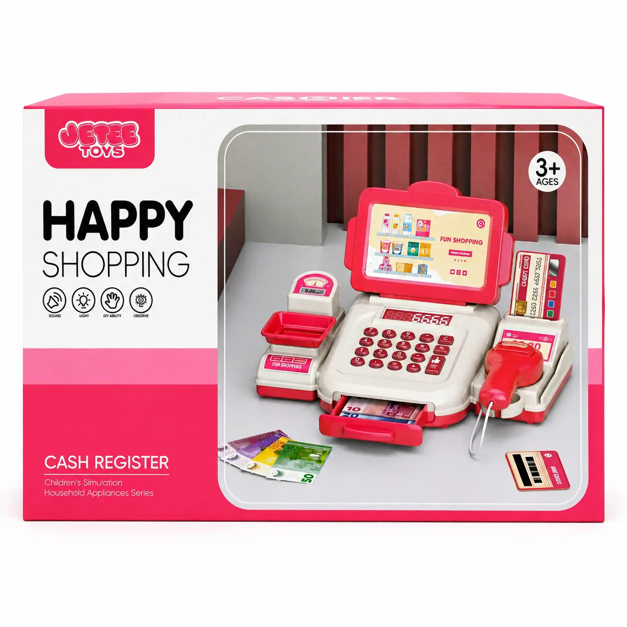 Front view of Happy Shopping kids cash register toy retail box for ages three years and above