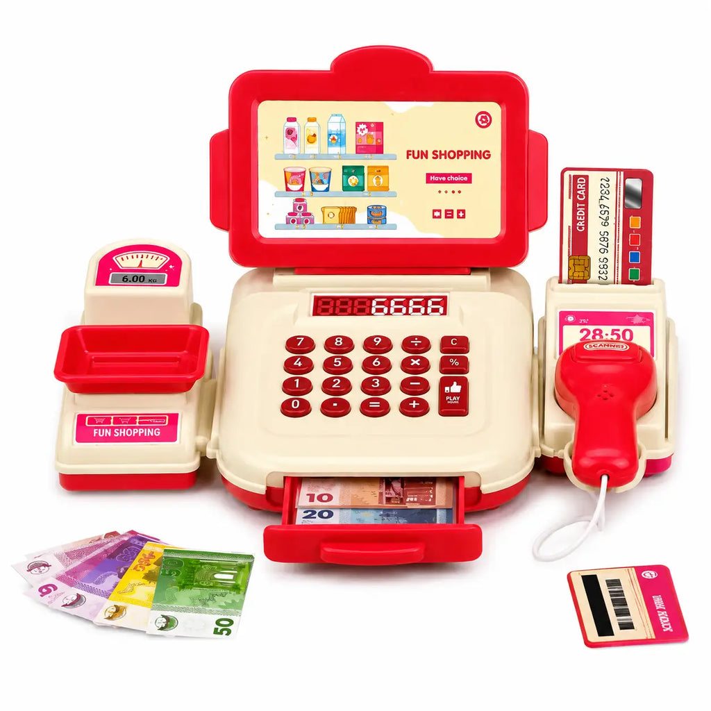 Cream and pink kids cash register toy with scanner, shopping display, keypad, cash drawer, play money and bank card`