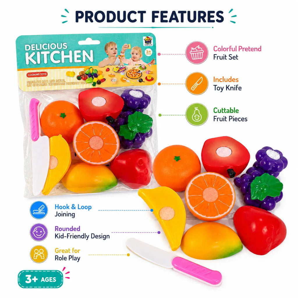 Kids pretend cutting fruit kitchen toy set showing hook and loop fruit pieces and product features