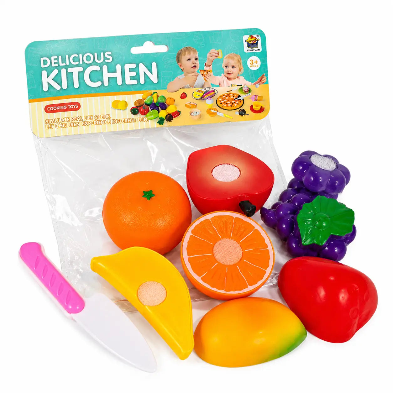 Kids cutting fruit toy set with colorful pretend fruits and toy knife displayed outside opened packaging