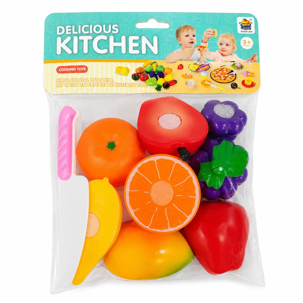 Kids pretend cutting fruit kitchen toy set in retail packaging with colorful fruits and toy knife for ages 3 plus