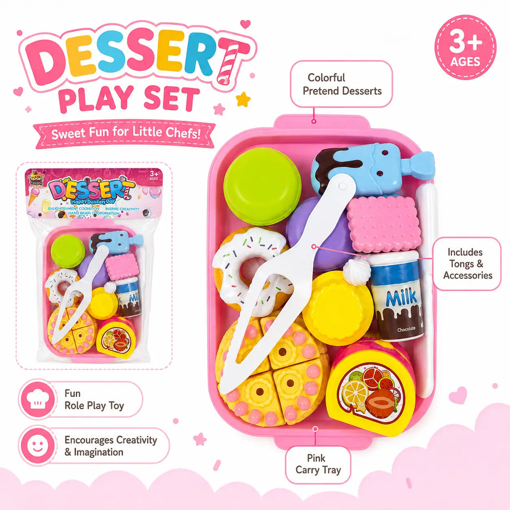 Kids dessert play set features showing pink carry tray, colourful pretend desserts, toy tongs and accessories
