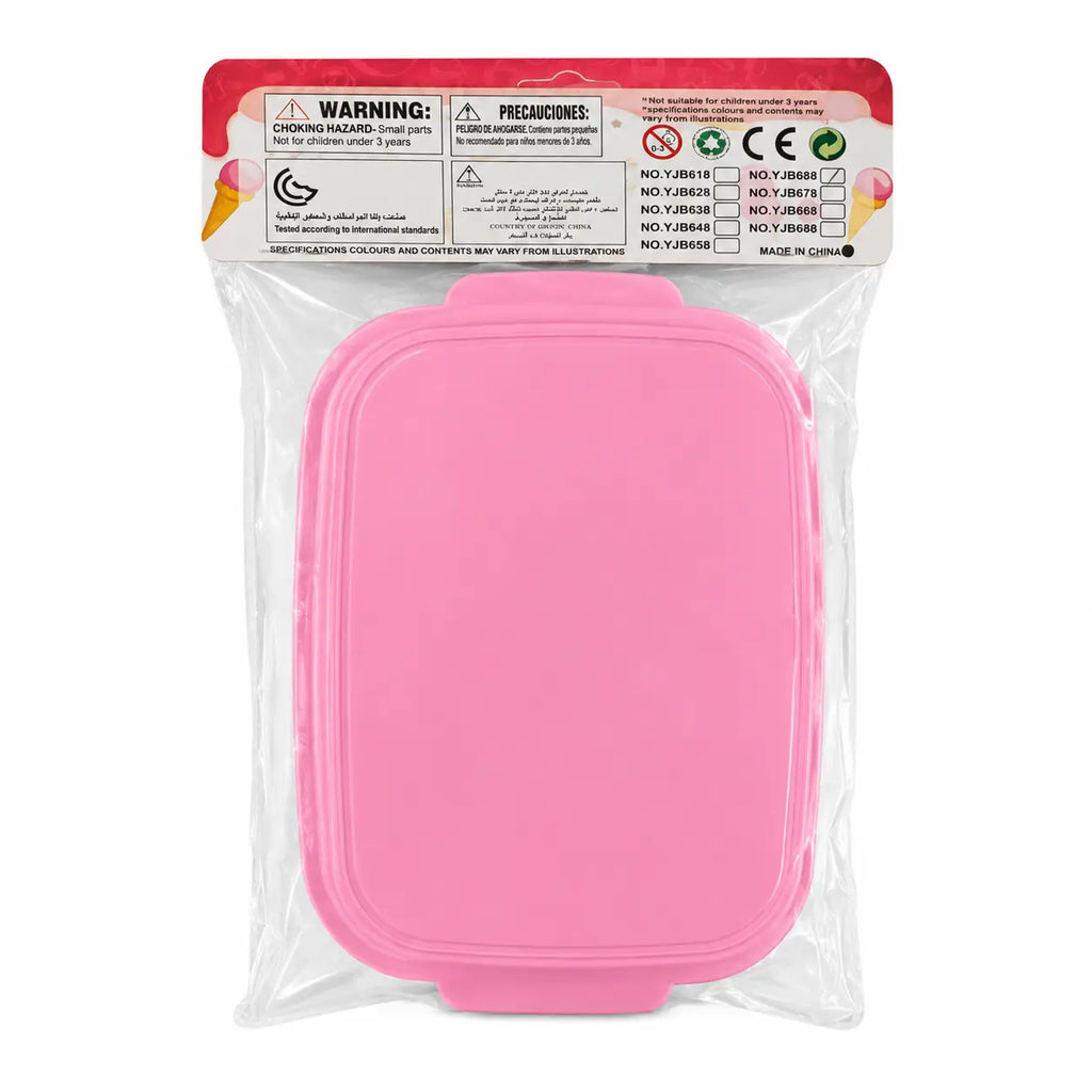 Back view of pink kids dessert play set carry tray in retail packaging for ages 3 years and above