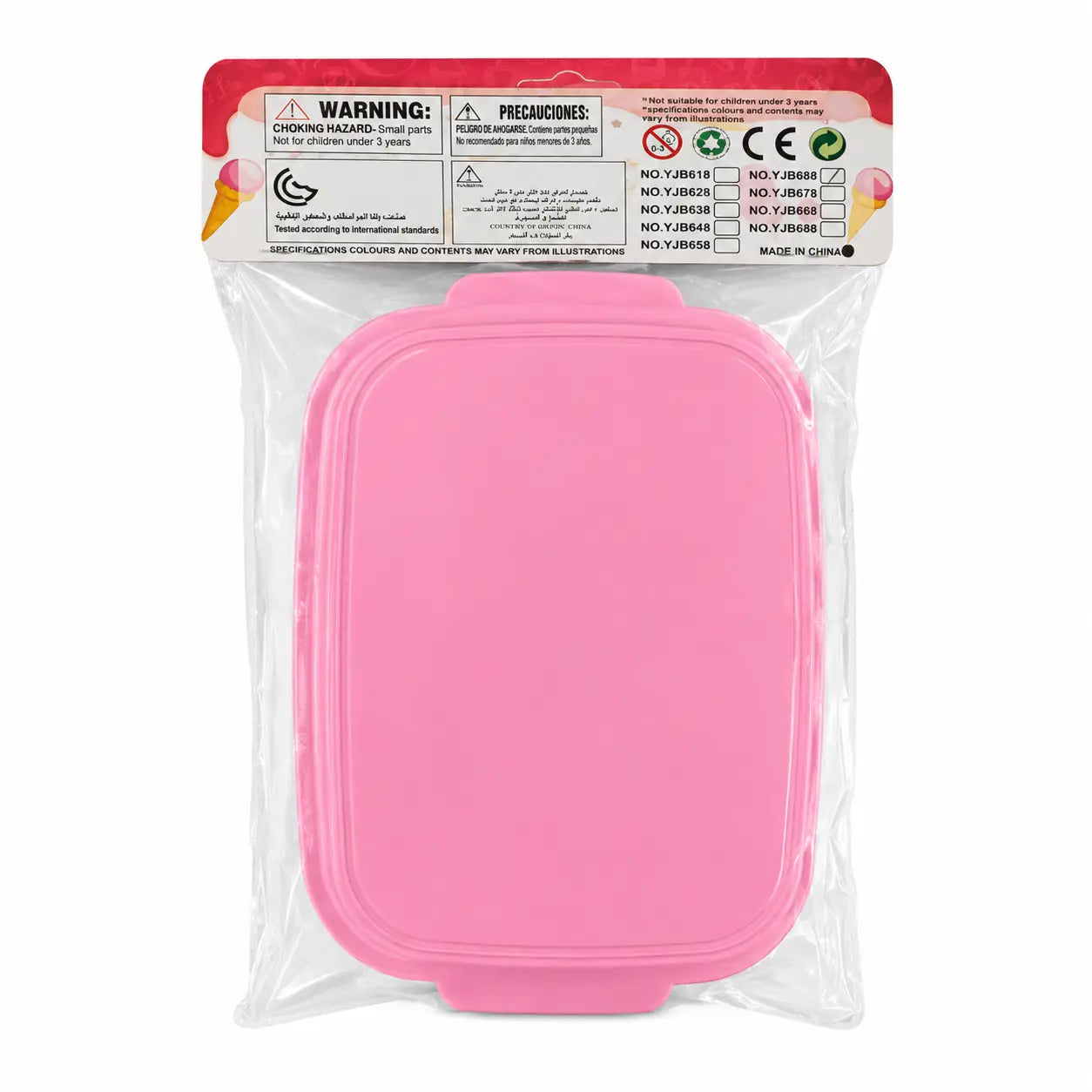 Back view of pink kids dessert play set carry tray in retail packaging for ages 3 years and above