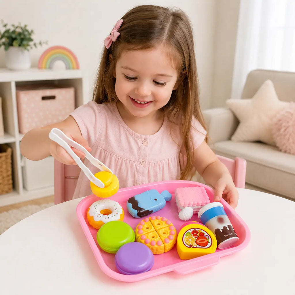 Child playing with pink dessert pretend play set using toy tongs and colourful pretend food accessories
