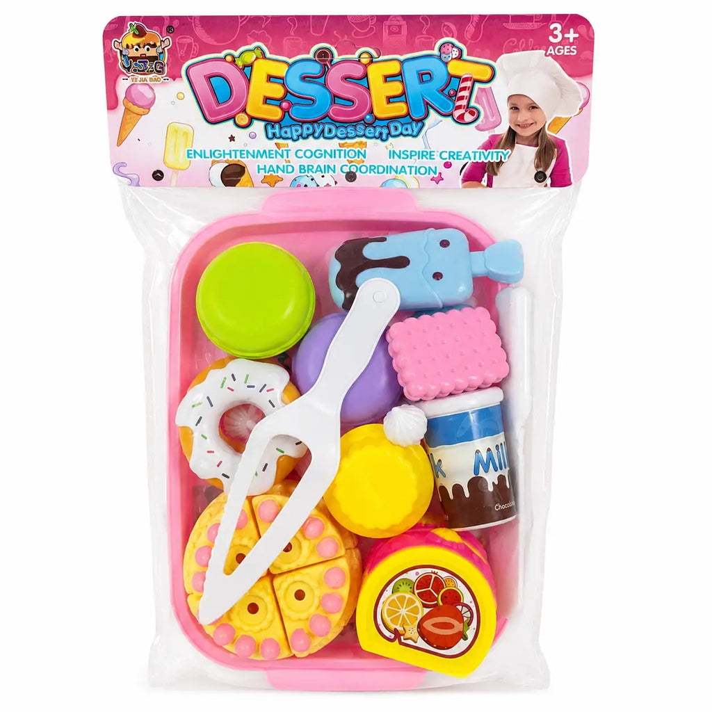 Kids dessert pretend play set with pink tray, toy donut, ice cream, biscuits, tongs and colourful accessories