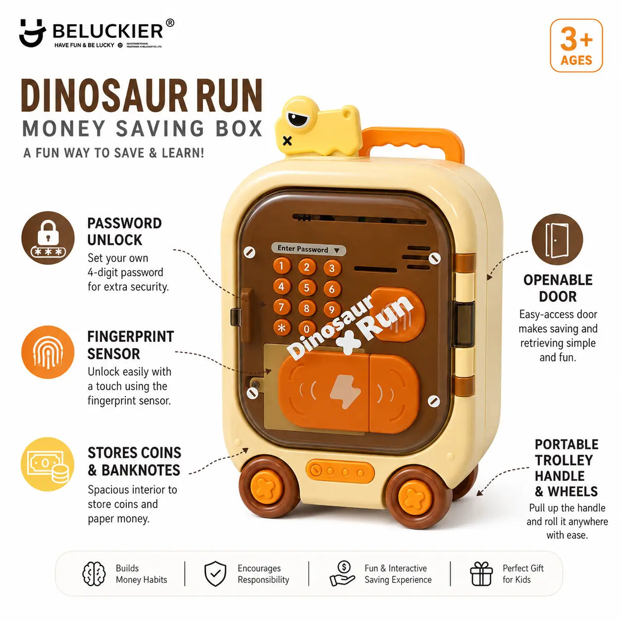 Dinosaur suitcase money saving box for kids with password keypad touch sensor handle wheels and openable door
