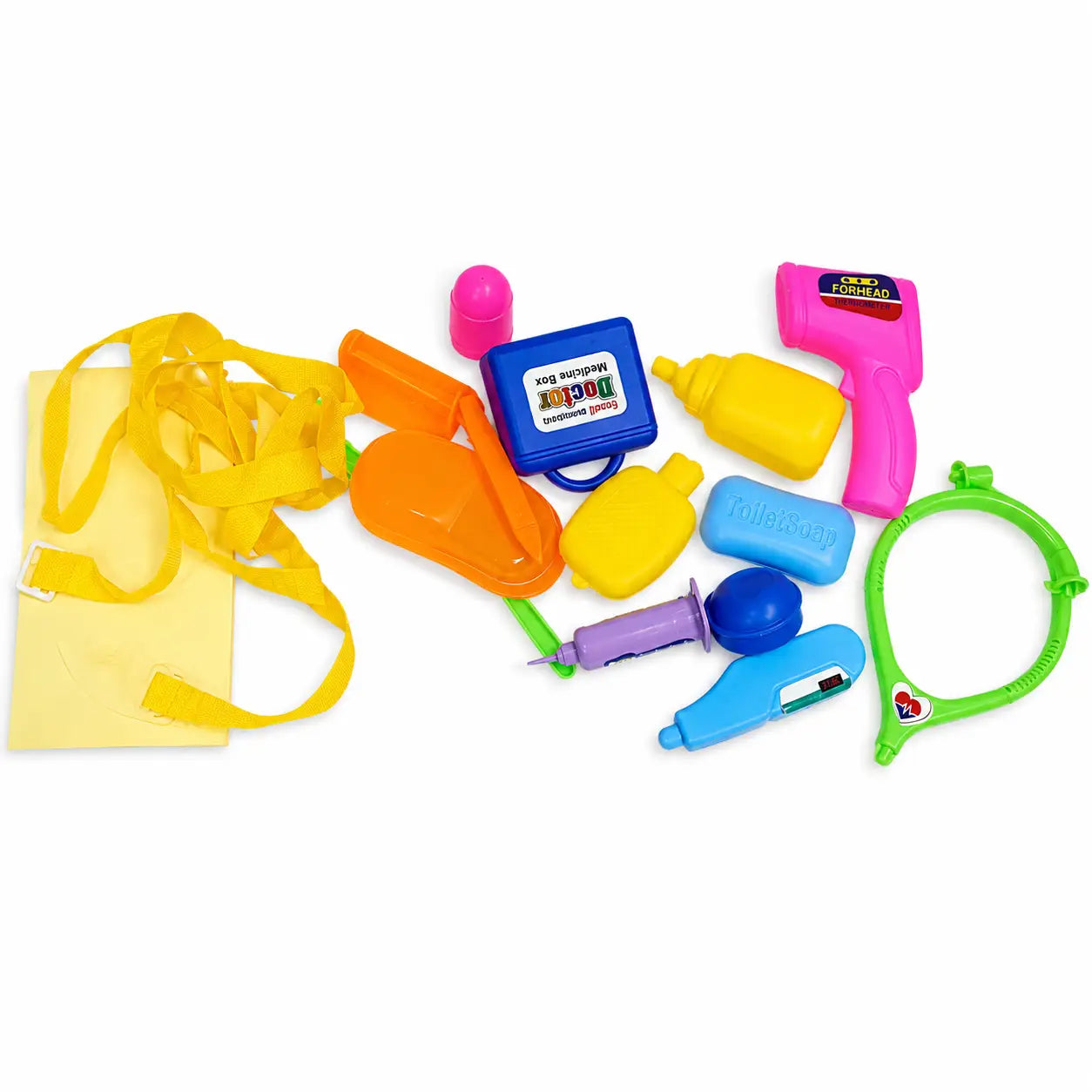 Colourful pretend doctor accessories including medical play tools from kids backpack set