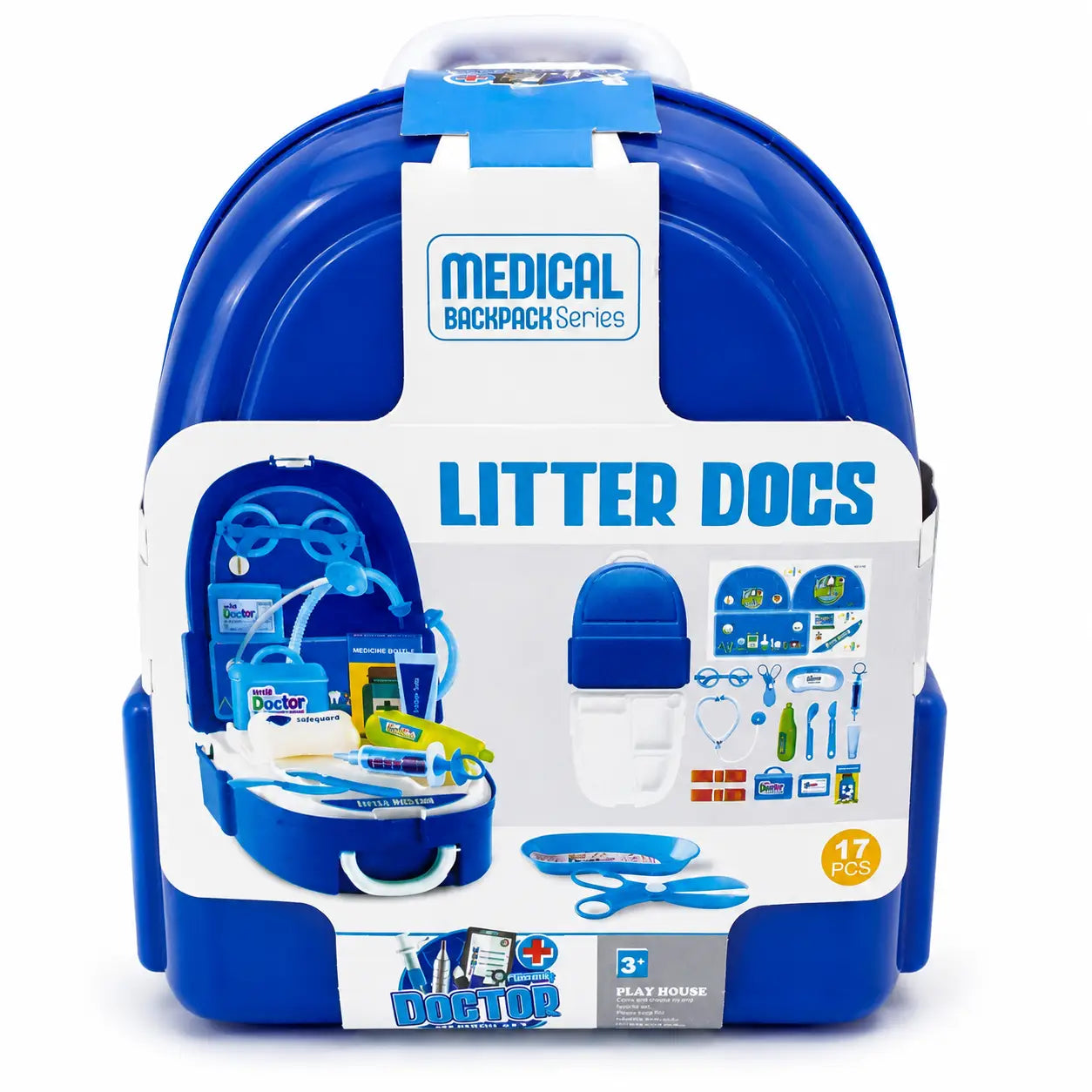 Medical Backpack Series Litter Docs play house kit in a blue hard-shell backpack case with a white front label, shown on a white background.