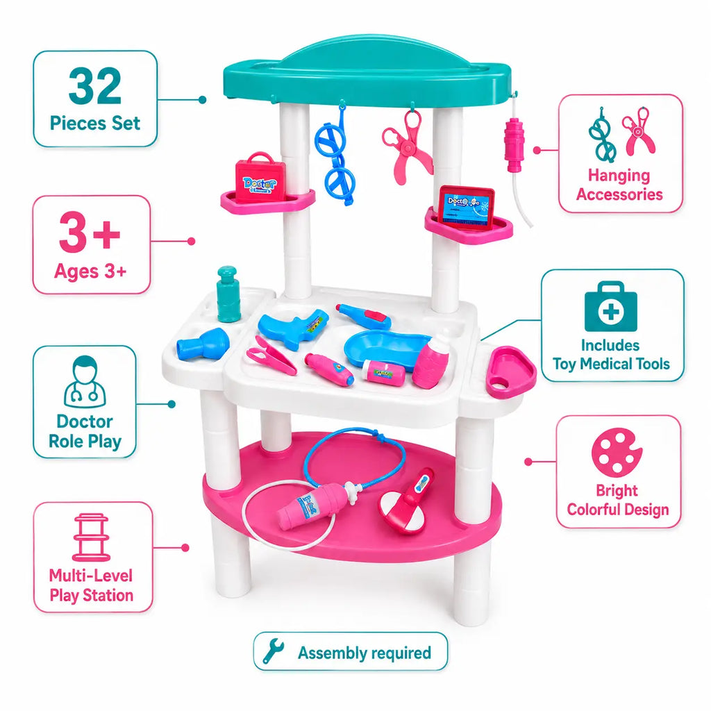 32-piece kids doctor play set features with medical tools and multi-level station