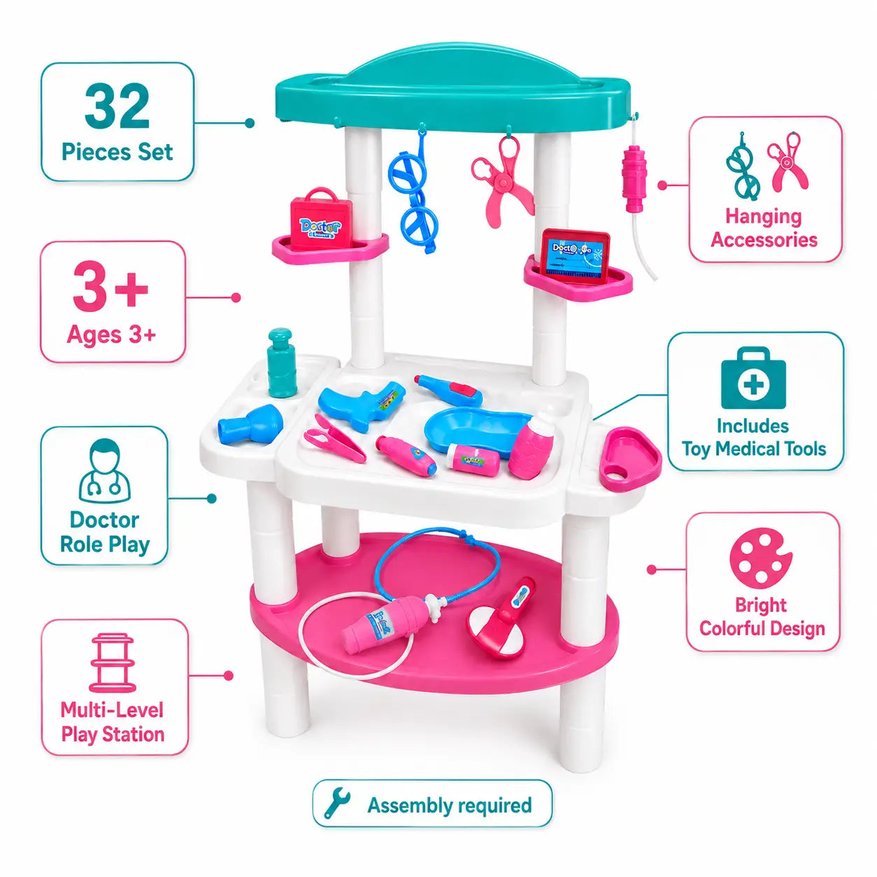 32-piece kids doctor play set features with medical tools and multi-level station