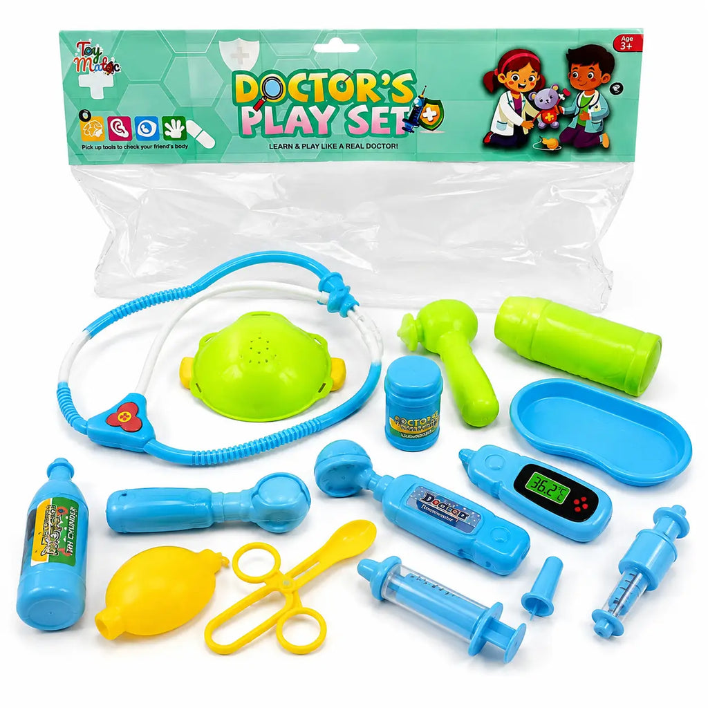 Kids Doctor’s Play Set opened view showing colorful stethoscope, thermometer, mask, tray, syringes and pretend medical tools