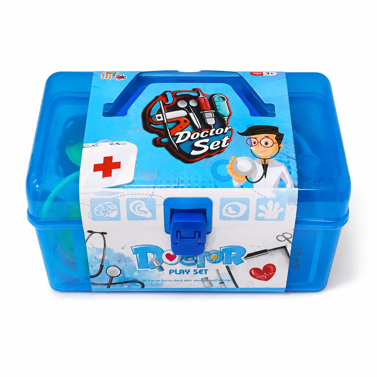 Blue kids doctor pretend play set in portable medical storage case