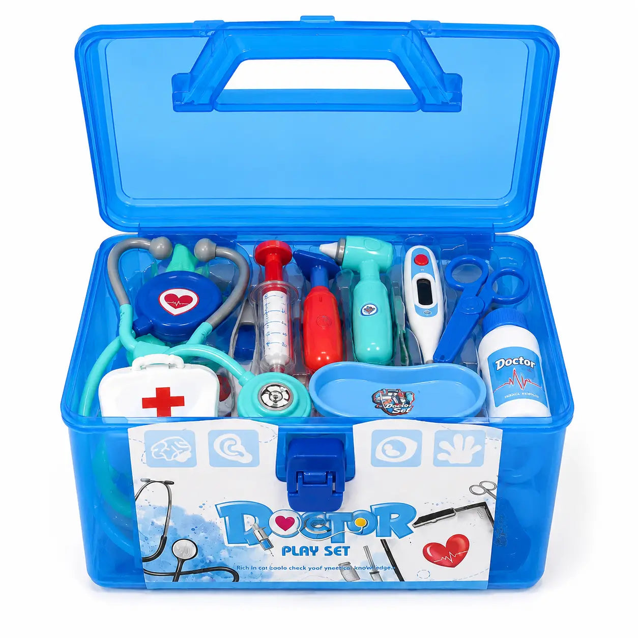 Open blue kids doctor play set showing pretend medical accessories inside case
