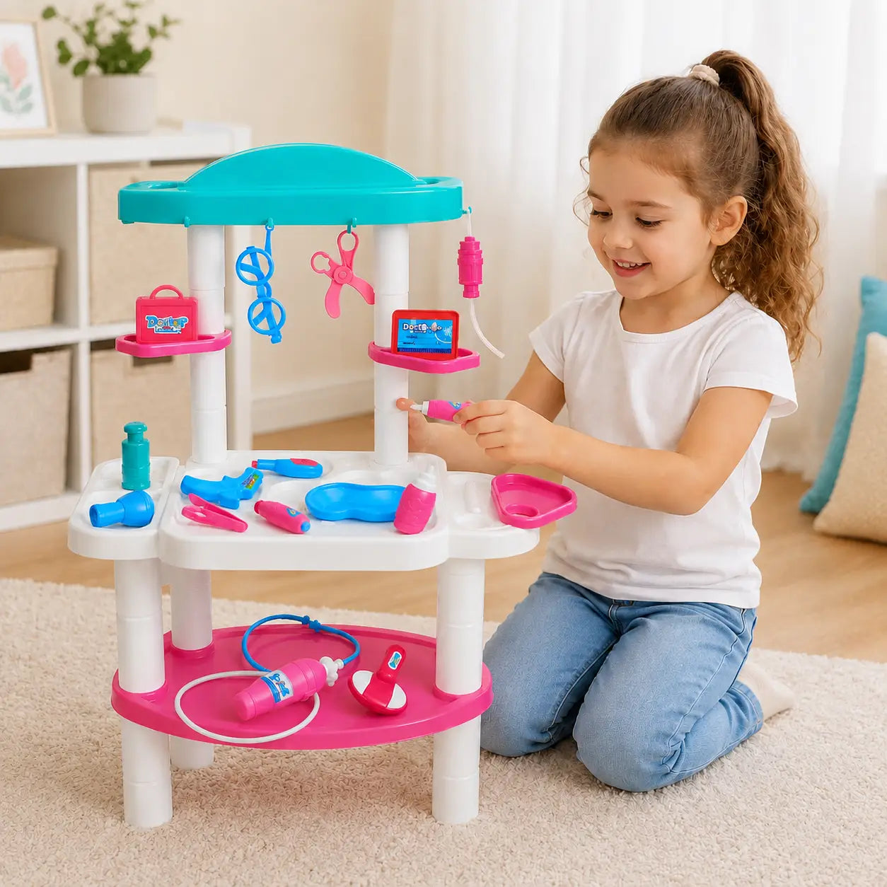 Child playing with colourful kids doctor play set and pretend medical tools