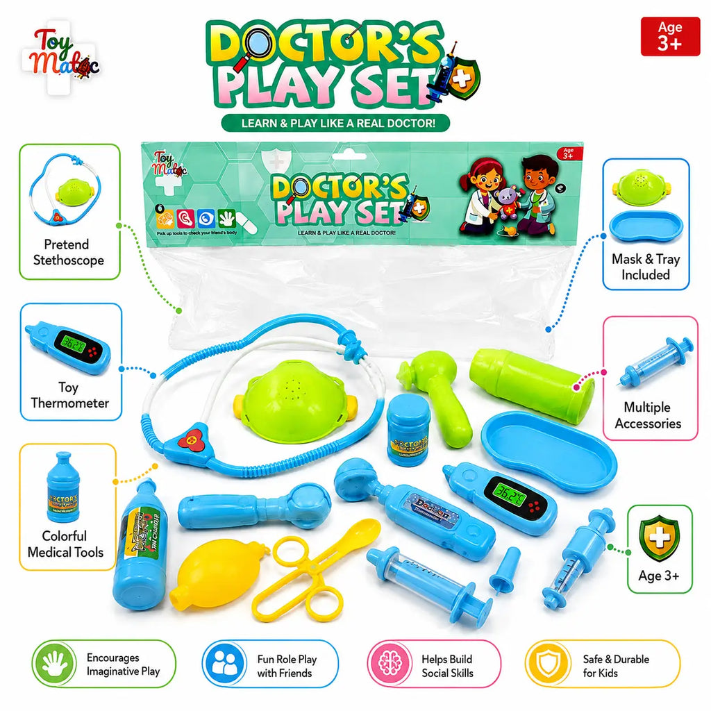Kids Doctor’s Play Set features with pretend stethoscope, thermometer, mask, tray and medical accessories for ages 3+