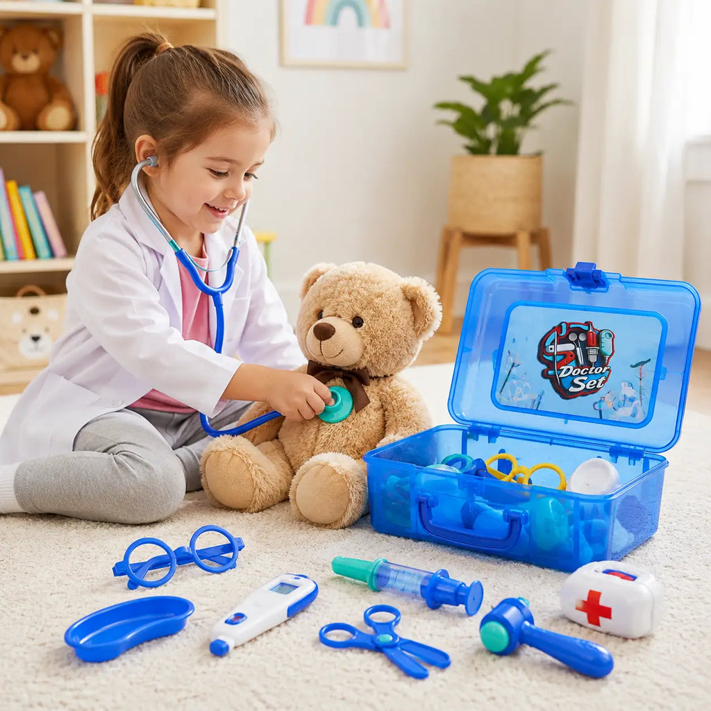 Girl playing doctor with kids medical pretend play set and teddy bear