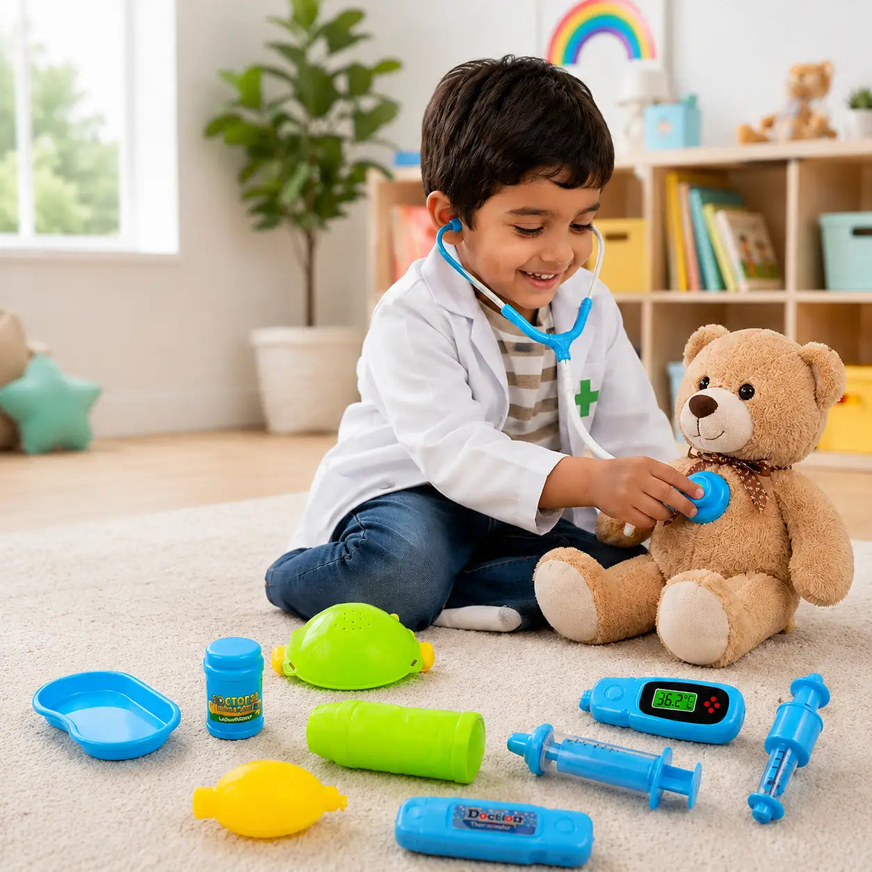 Child using Kids Doctor’s Play Set stethoscope to perform a pretend check-up on a teddy bear
