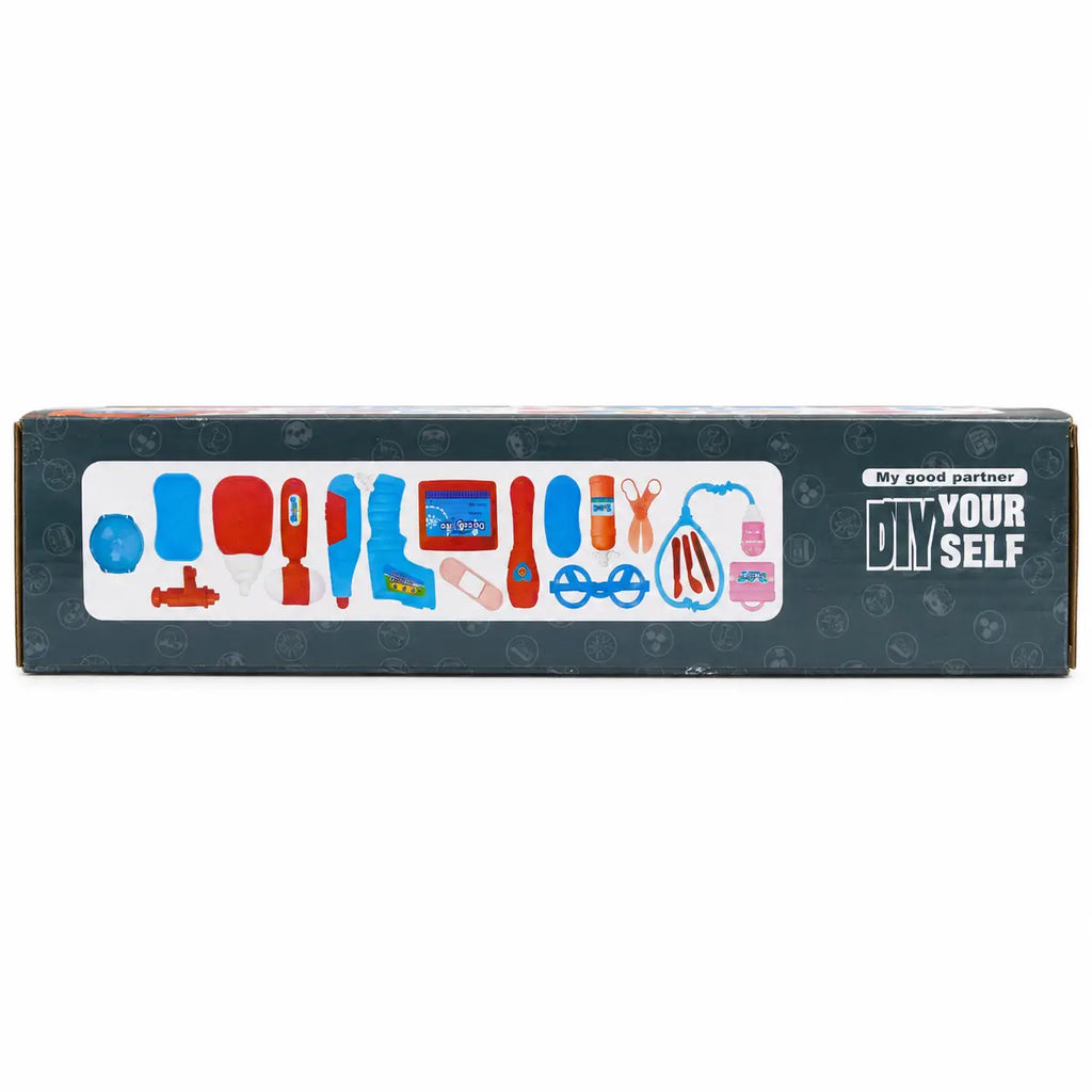 Side view of kids doctor play set box showing included medical accessories