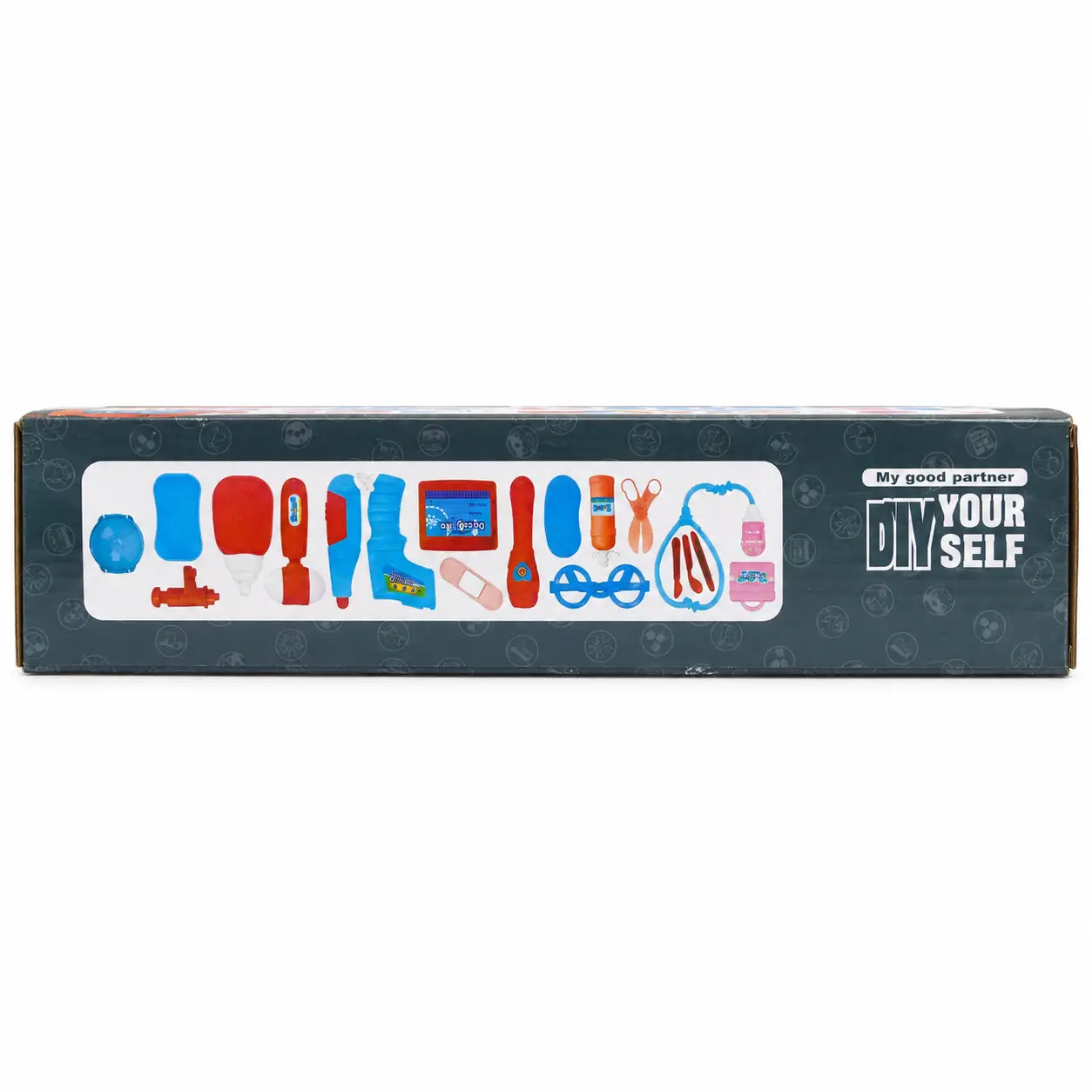 Side view of kids doctor play set box showing included medical accessories