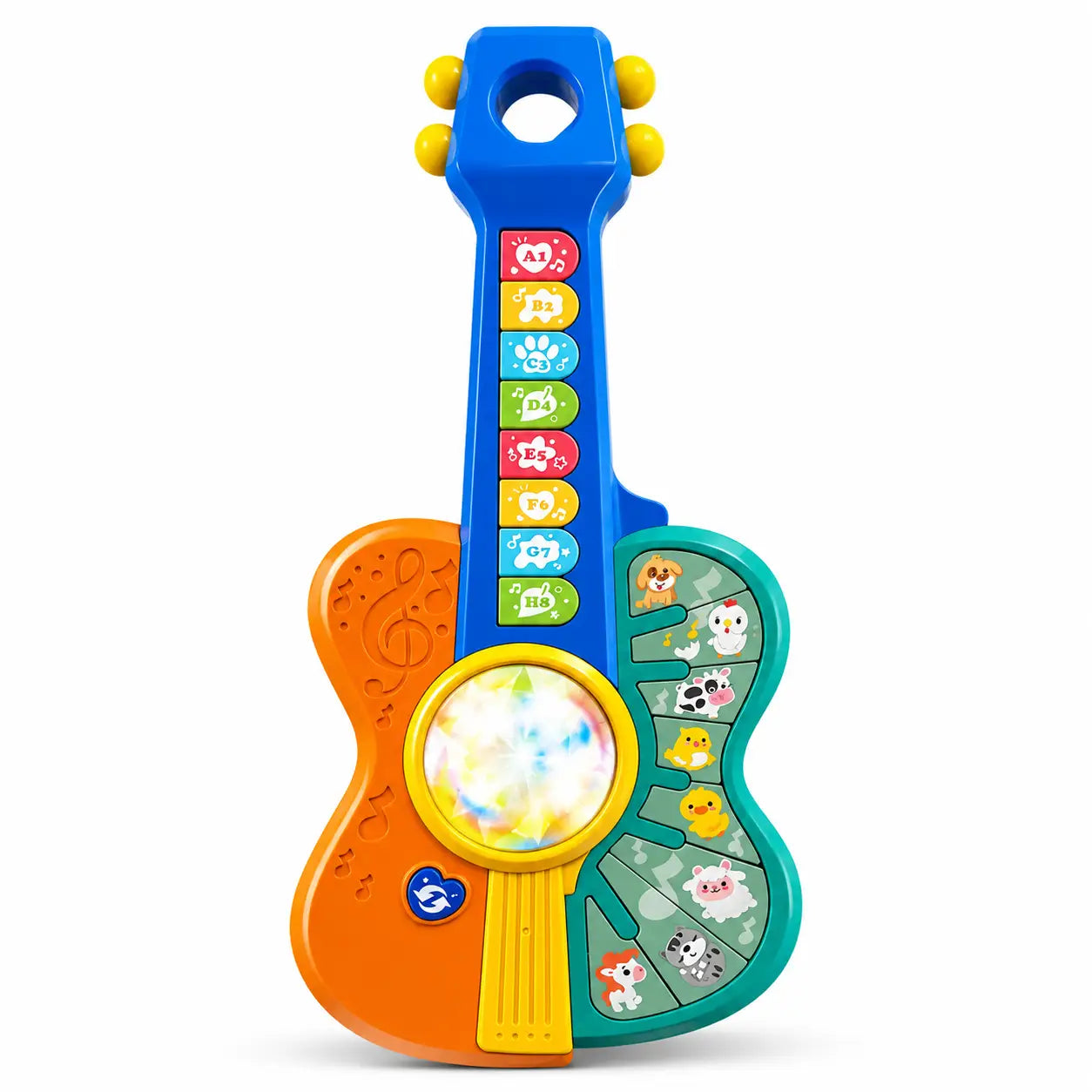 Kids interactive musical learning guitar toy front view with colorful buttons and illuminated centre