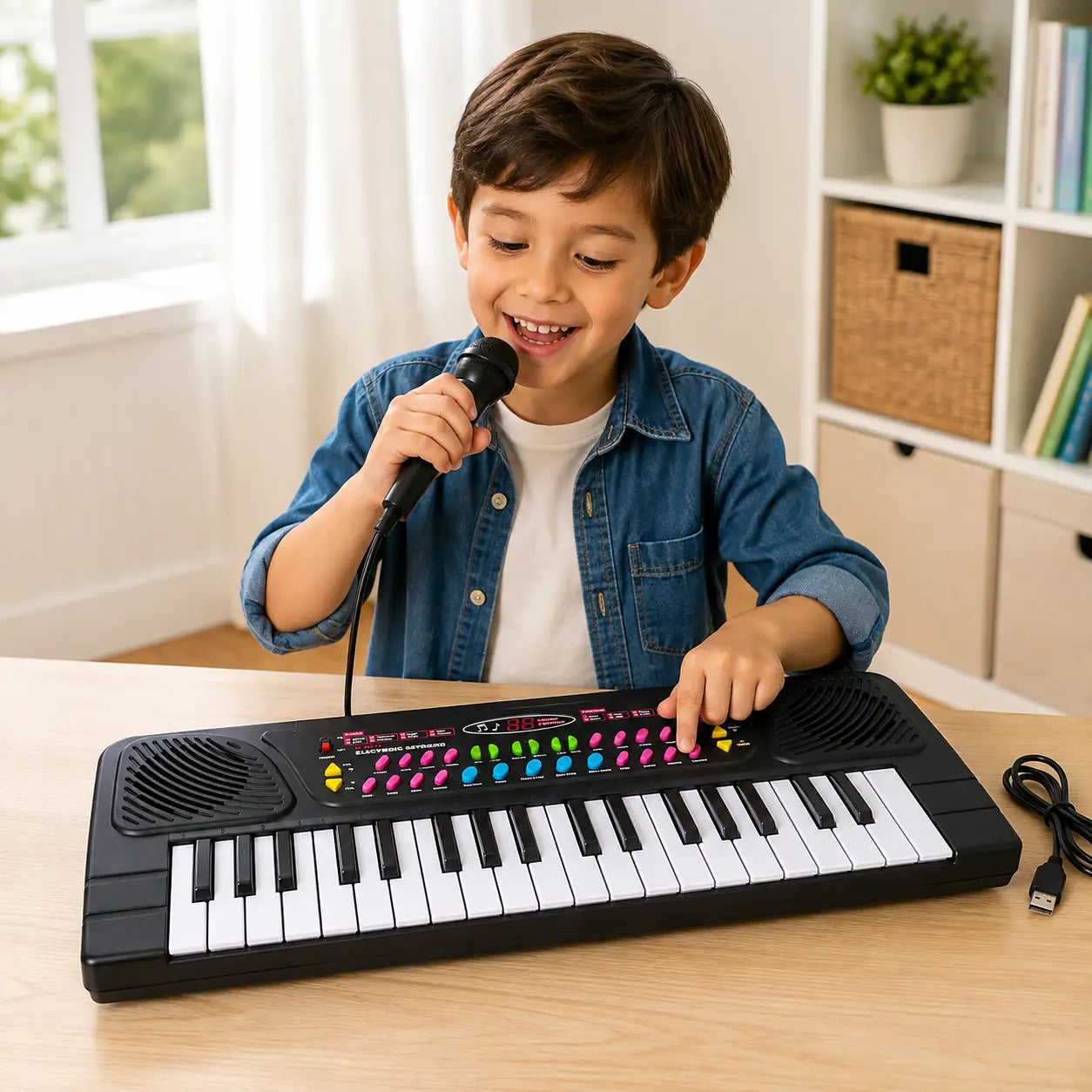Child playing BIGFUN 37-key electronic keyboard and singing with included microphone at home