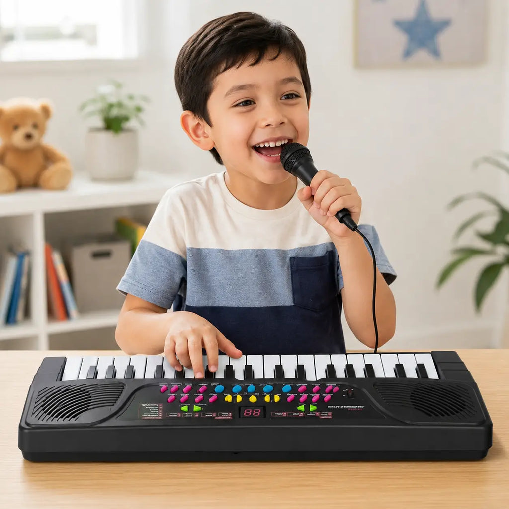 Child playing BIGFUN 37-key electronic keyboard and singing with included wired microphone