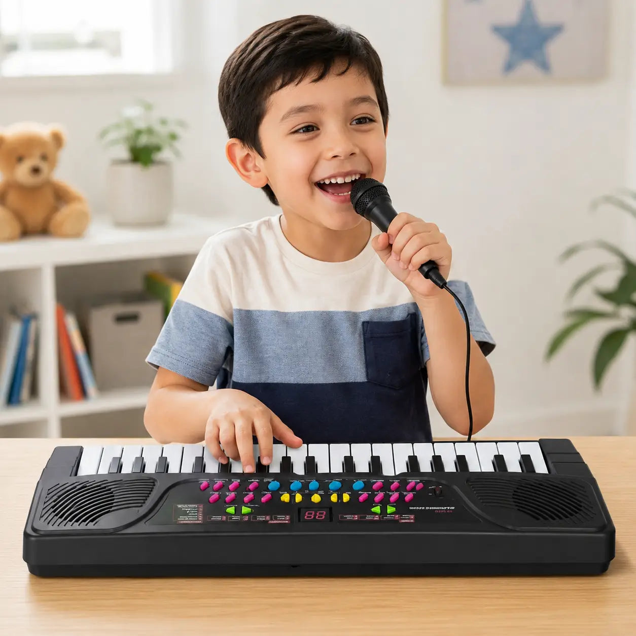 Child playing BIGFUN 37-key electronic keyboard and singing with included wired microphone