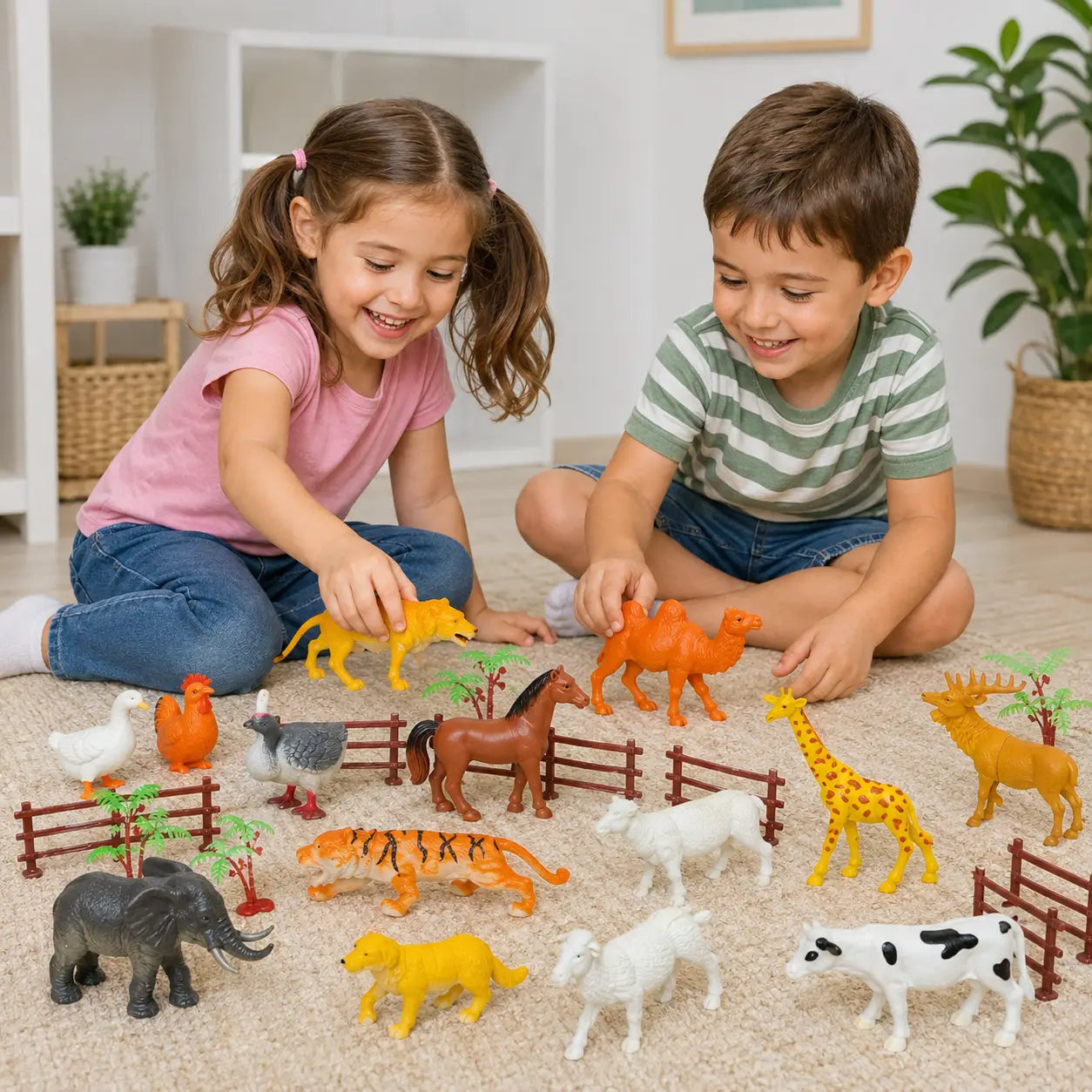 Children playing with colourful farm and wild animal toy figures with fences and trees