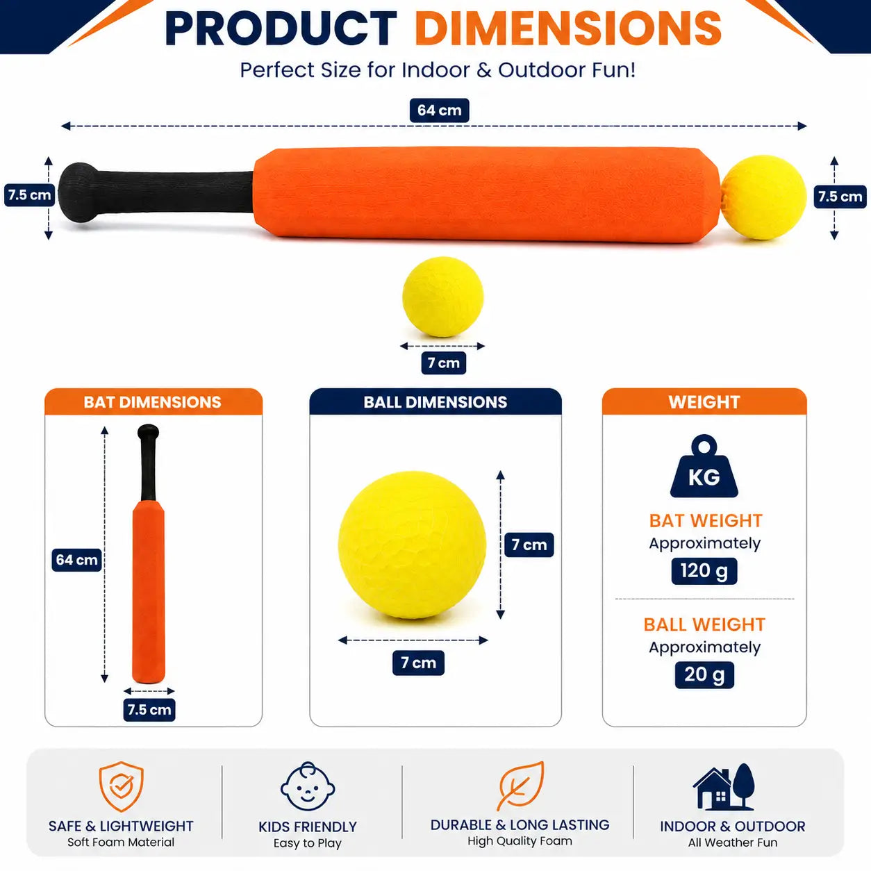 Kids foam cricket bat and yellow ball set with product dimensions infographic for online shopping in Pakistan.
