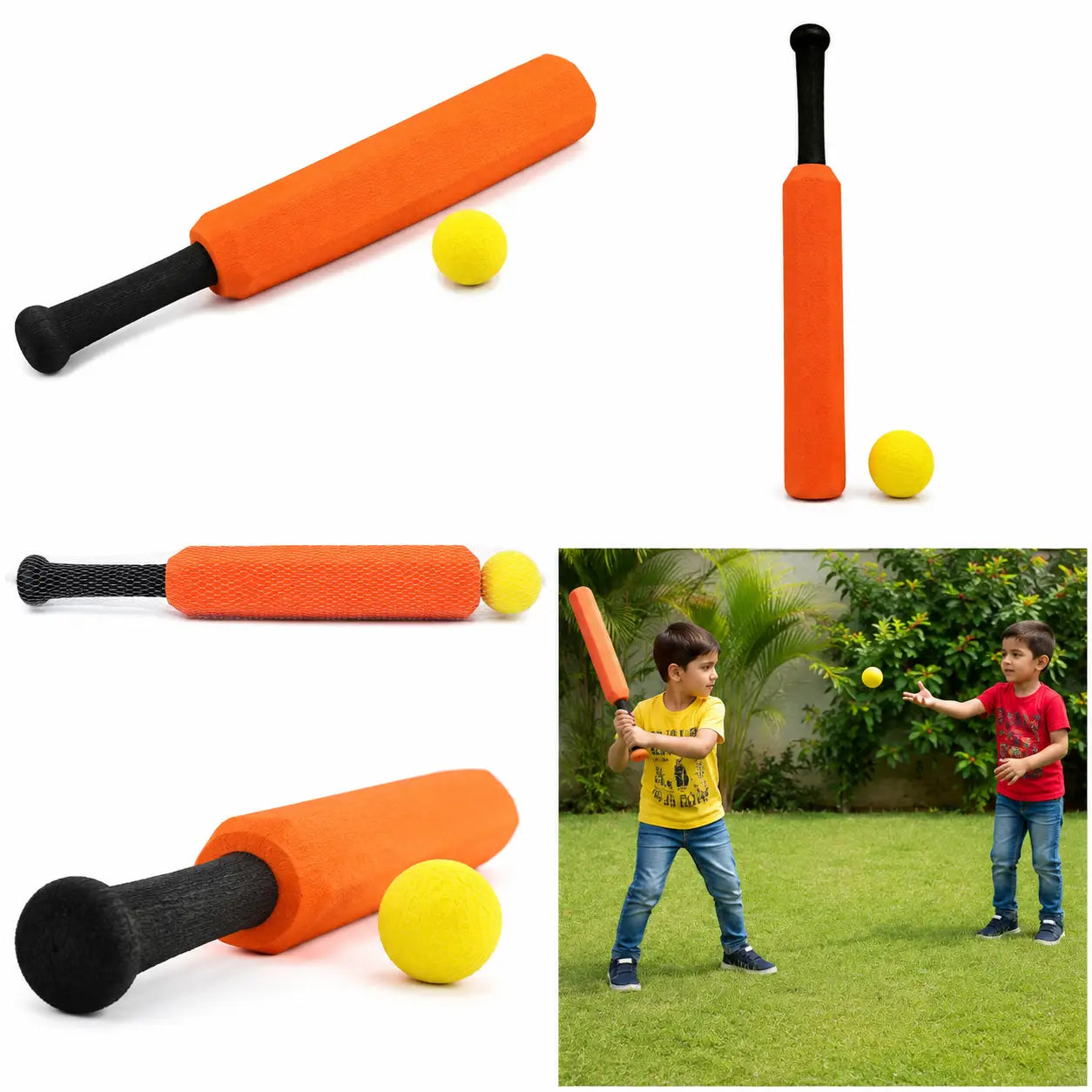 Kids playing cricket outdoors with orange foam cricket bat and yellow ball alongside product detail views.