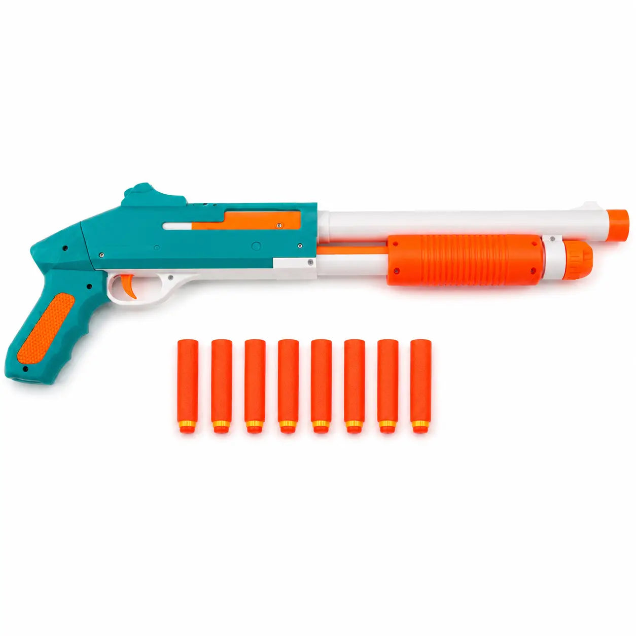 Teal orange and white kids foam dart blaster gun with 8 soft foam darts on white background