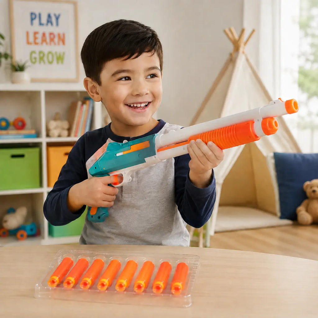 Child playing with teal and orange foam dart blaster gun with 8 soft darts