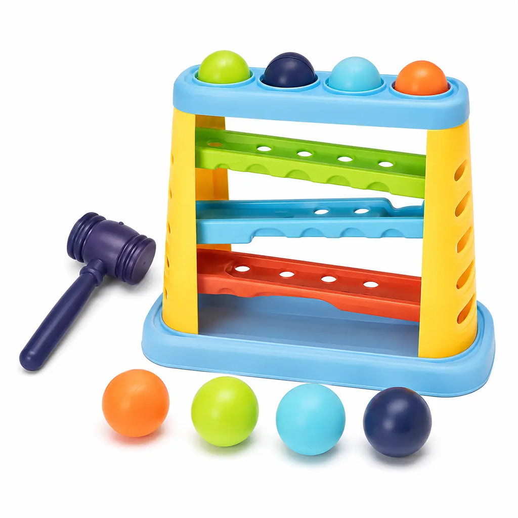Colourful kids hammering pounding ball toy with rolling ramps, four balls and toy hammer
