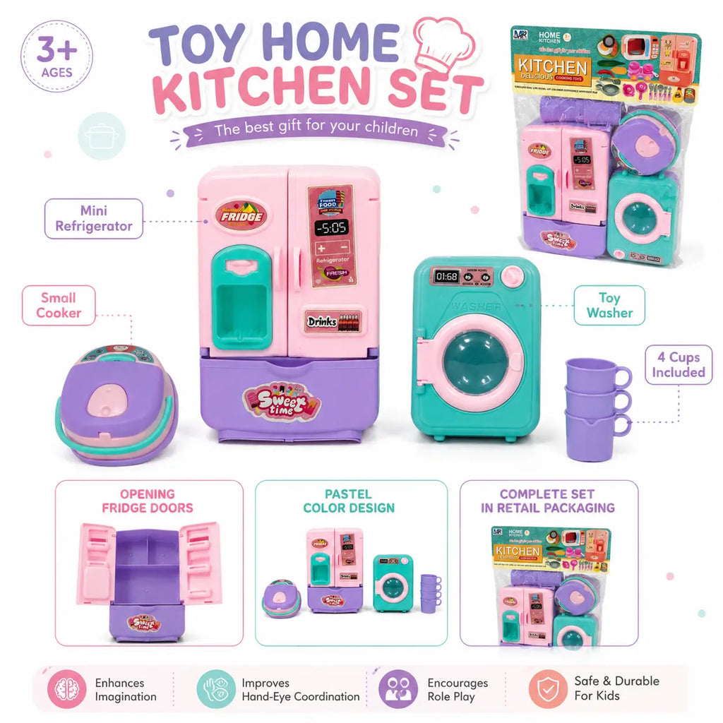 Kids home kitchen toy set with mini refrigerator, toy washer, cooker and four cups feature overview