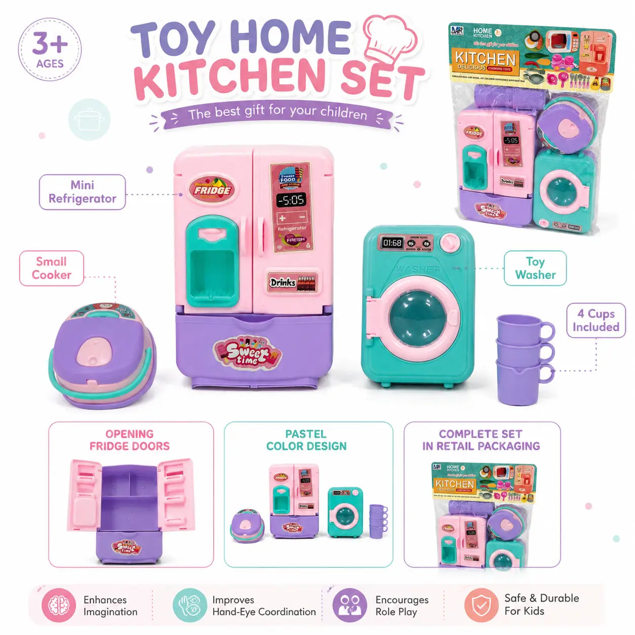 Kids home kitchen toy set with mini refrigerator, toy washer, cooker and four cups feature overview
