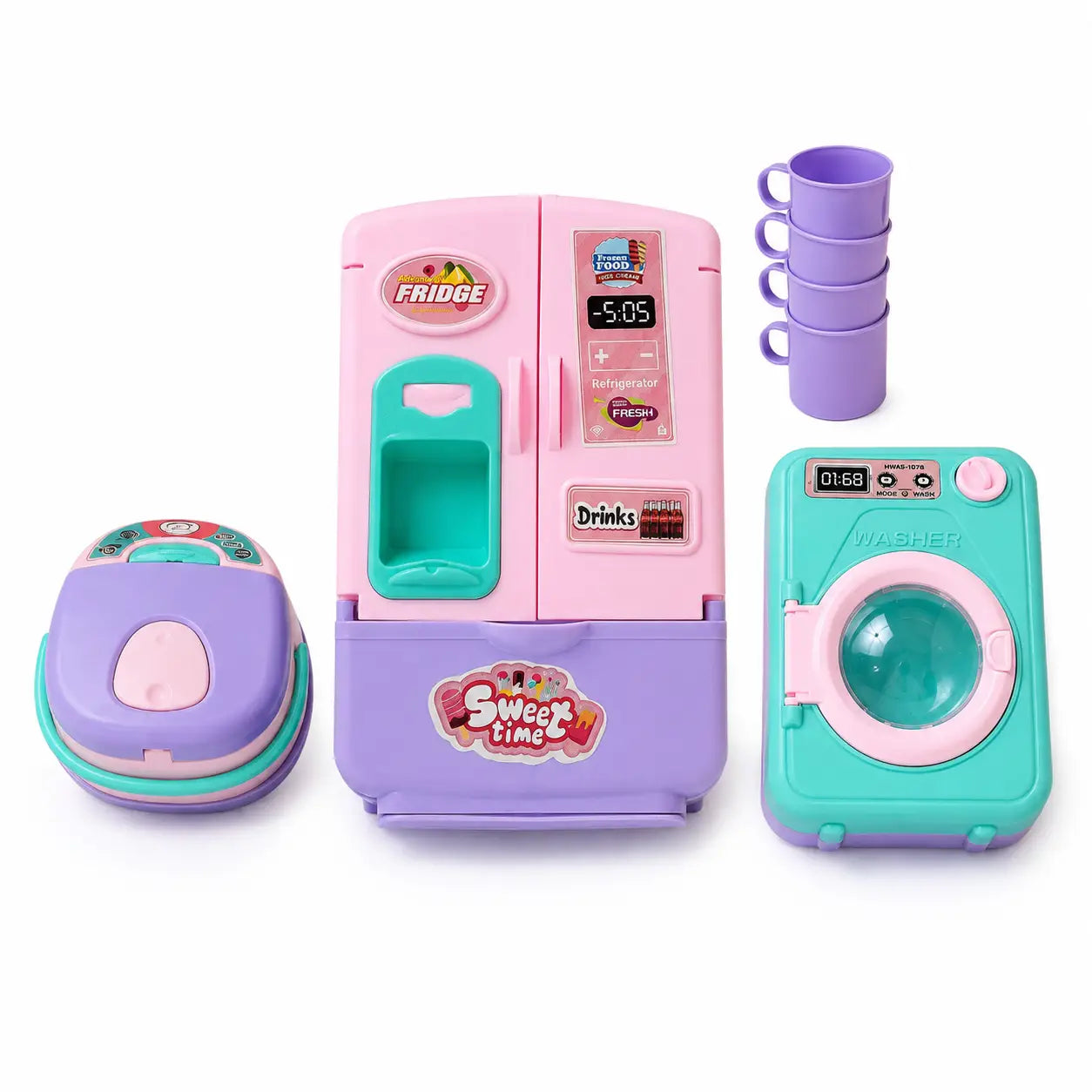 Pastel kids home kitchen toy set with pink mini fridge teal washing machine cooker and four cups