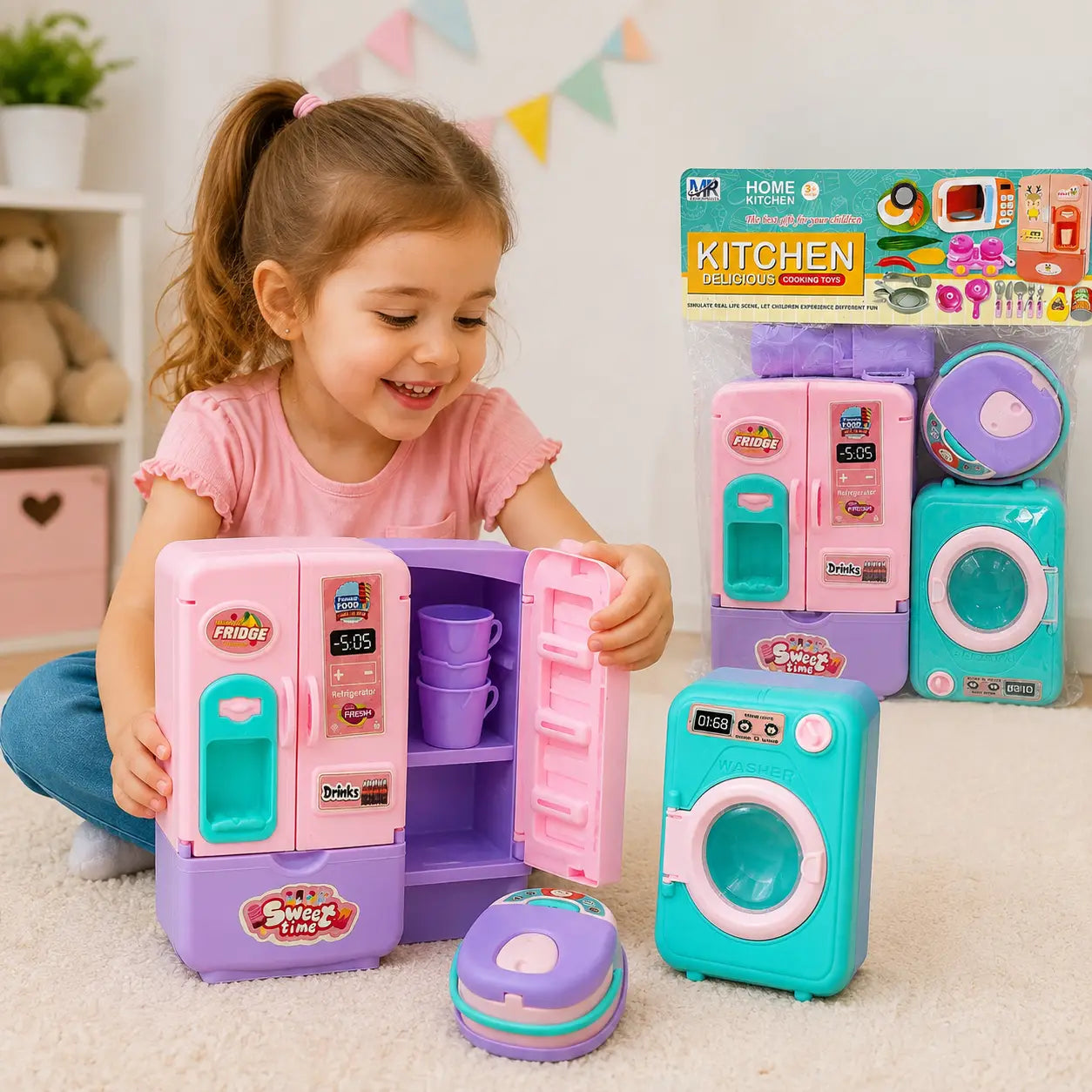 Young girl playing with pastel kids home kitchen toy set with mini fridge and washing machine