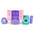 Kids kitchen toy set showing open mini refrigerator with toy washer cooker and four purple cups