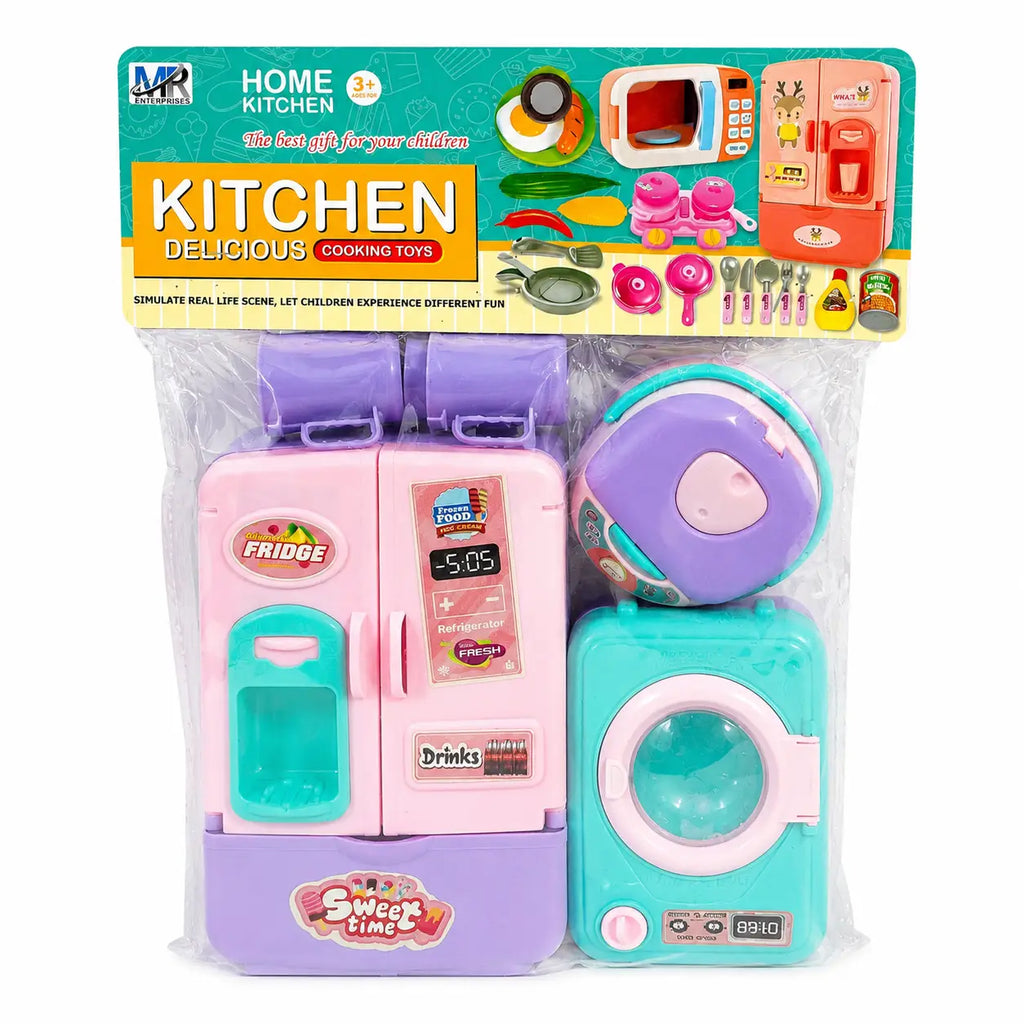 Kids home kitchen pretend play set with refrigerator washing machine and accessories in retail packaging