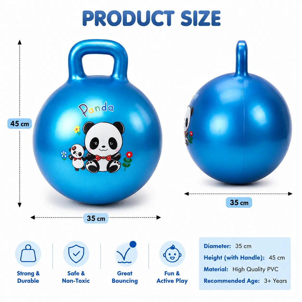 Kids blue panda hopper ball product size and measurement guide image