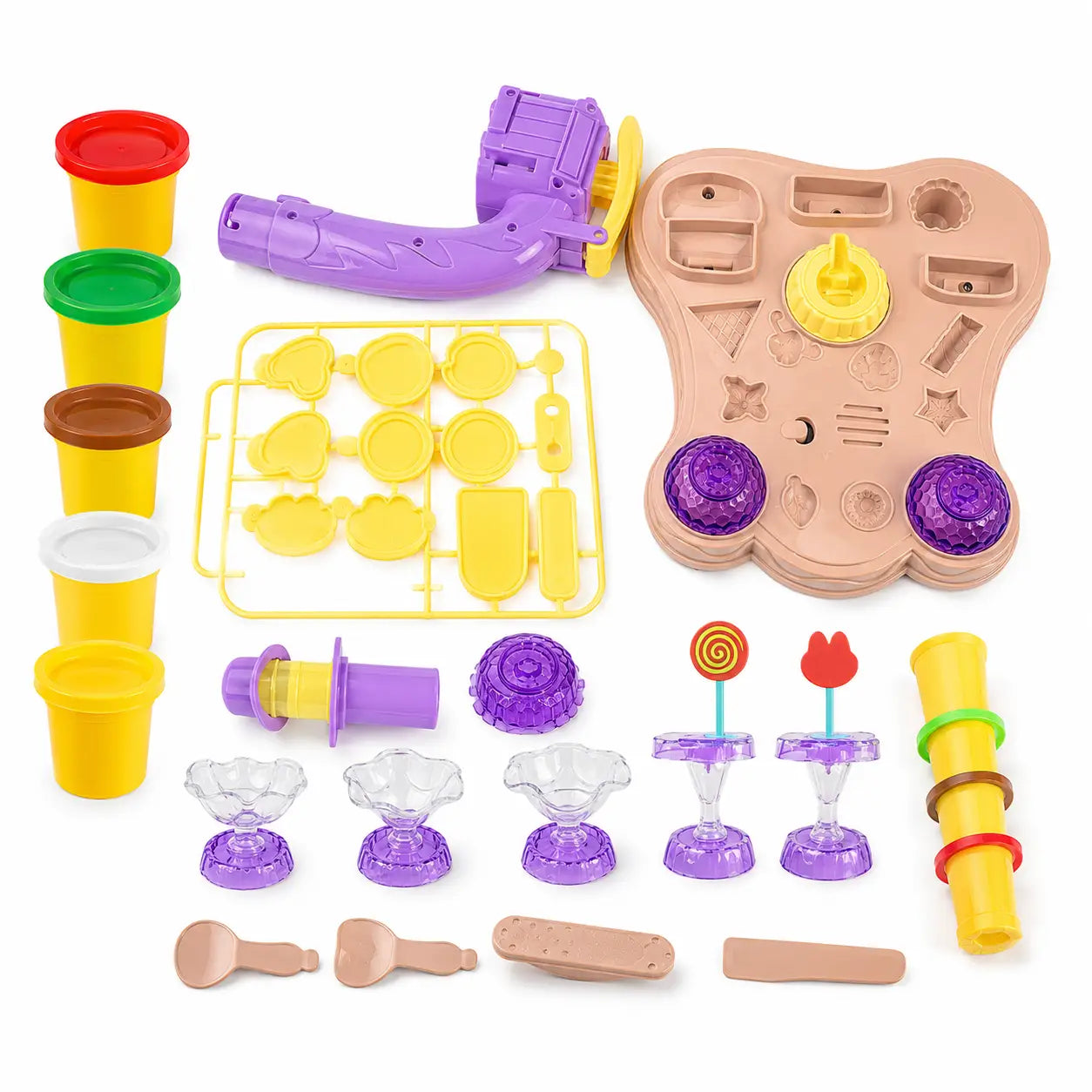Complete kids ice cream clay playset contents including molds, tools, dessert cups, clay tubs and maker base