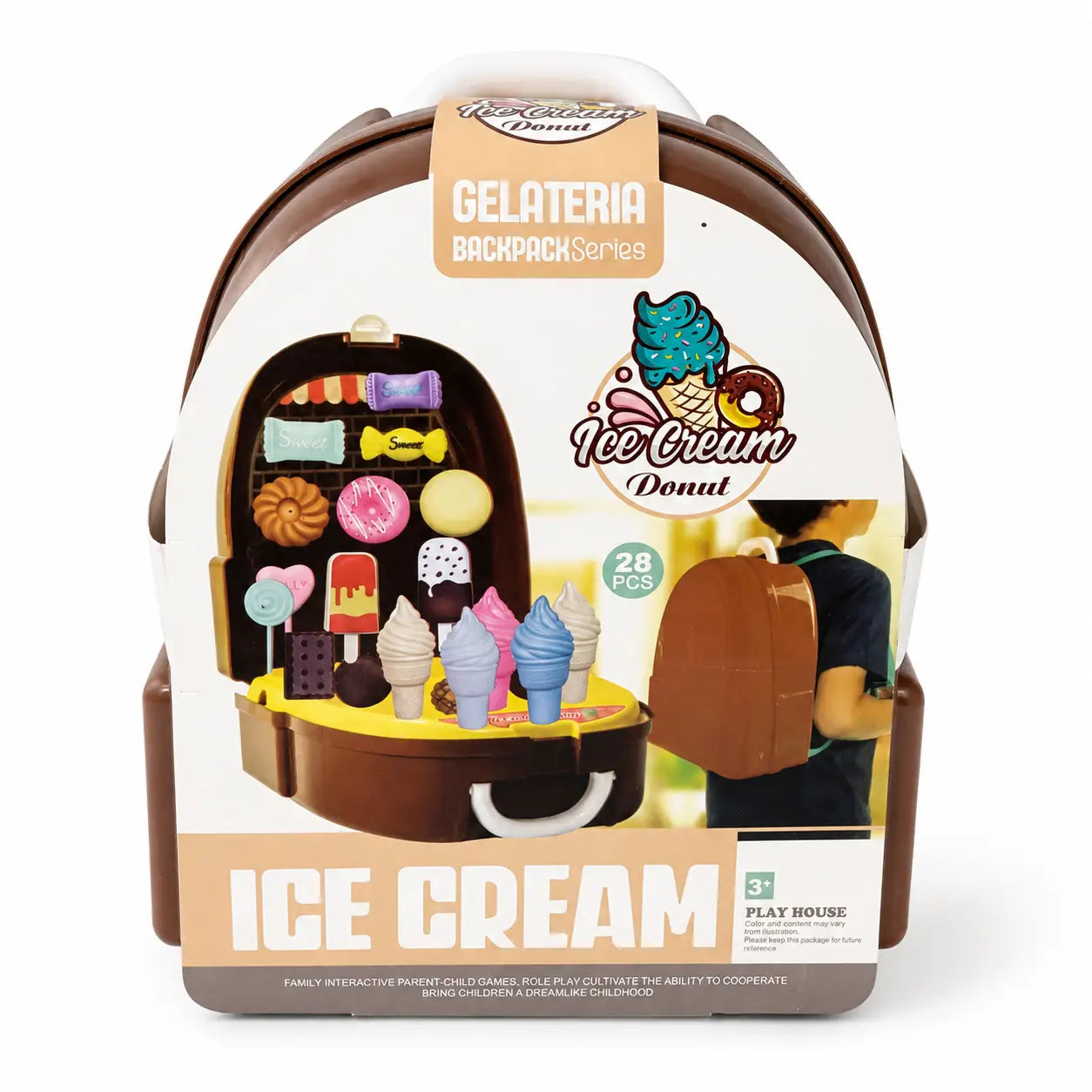 Playhouse backpack-shaped ice cream stand toy set in its retail packaging, featuring a brown backpack-style case with a display counter, colorful ice cream cones, and a small doll visible through the front window.